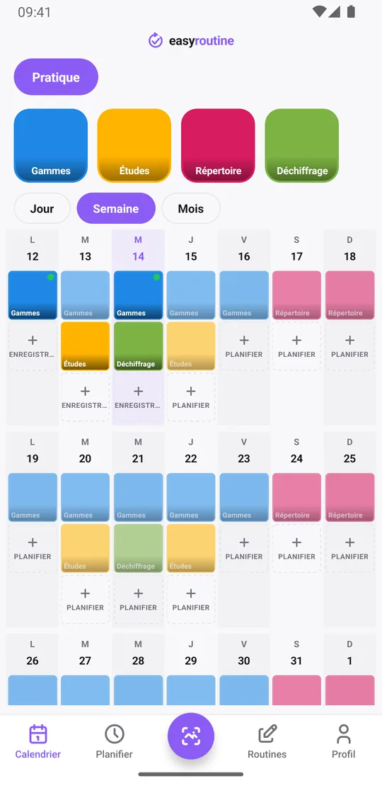 Vue Semaine d'EasyRoutine d'une routine Pratique avec des séances de gammes, d'études et de répertoire enregistrées la plupart des jours