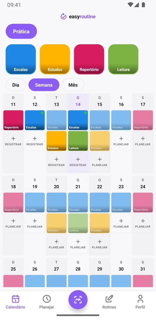 Visualização Semana do EasyRoutine de uma rotina Prática com sessões de escalas, estudos e repertório registradas na maioria dos dias