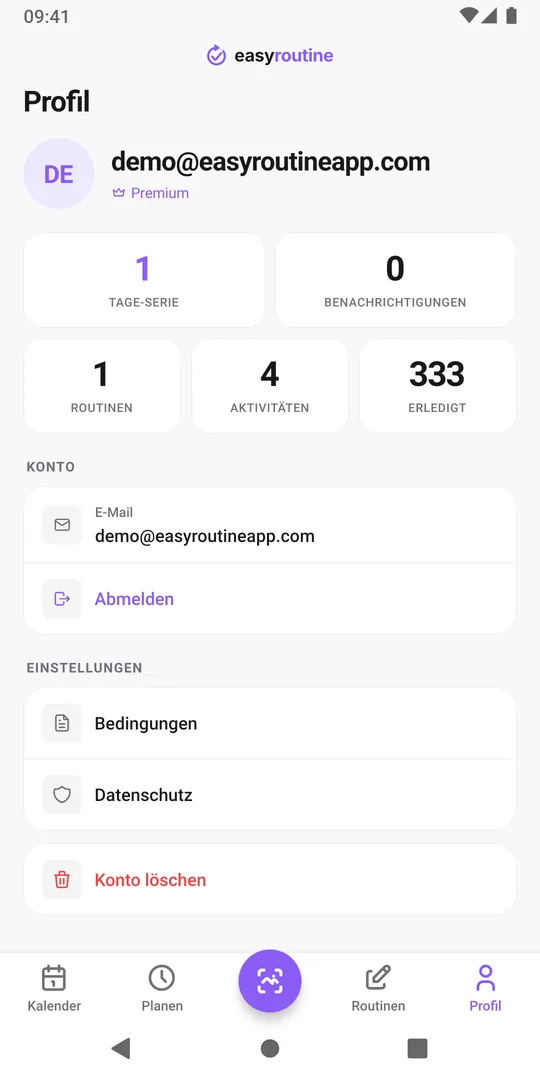 EasyRoutine Tab Profil mit der E-Mail-Adresse des Kontos oben, den Kacheln Tage-Serie, Routinen, Aktivitäten und Erledigt und den Kontoeinstellungen darunter