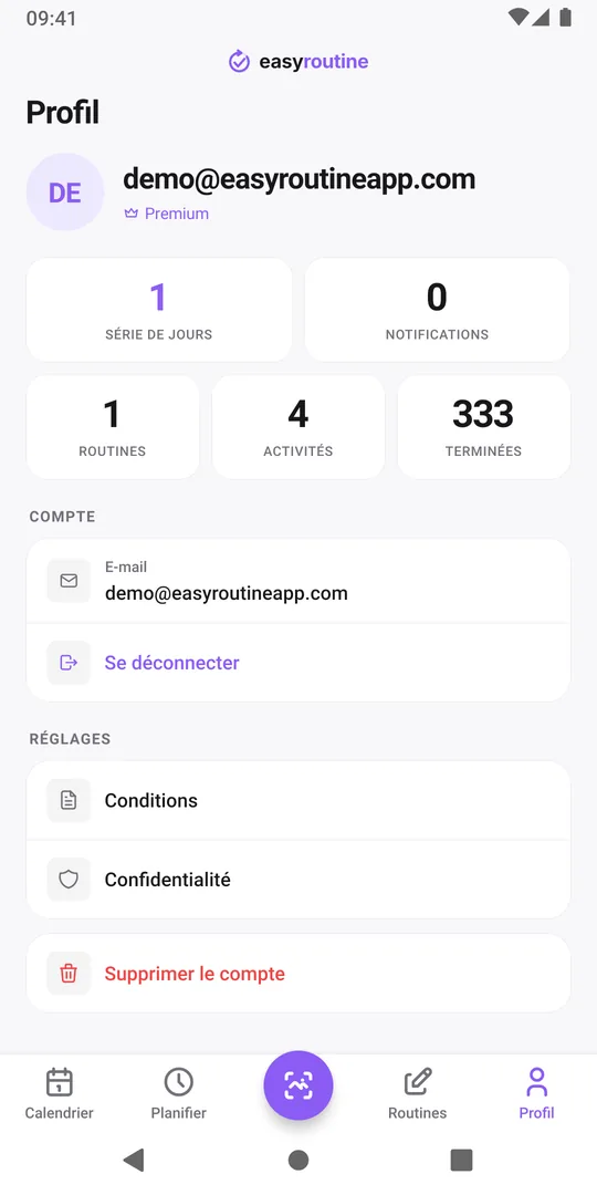 Onglet Profil d'EasyRoutine avec l'adresse e-mail du compte en haut, les tuiles Série de jours, Routines, Activités et Terminées, et les réglages du compte en dessous
