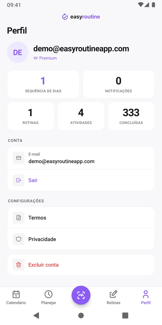 Aba Perfil do EasyRoutine com o e-mail da conta no topo, os blocos Sequência de dias, Rotinas, Atividades e Concluídas, e as configurações da conta abaixo