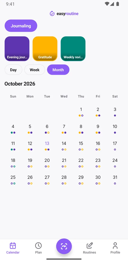 EasyRoutine month view of the Journaling routine with purple dots on most days for the evening journal, plus dots for gratitude and the weekly review