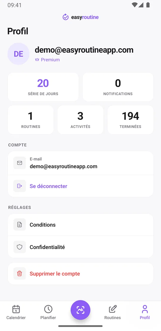Onglet Profil d'EasyRoutine affichant la série de jours, les notifications actives, le nombre de routines et d'activités et les enregistrements terminés