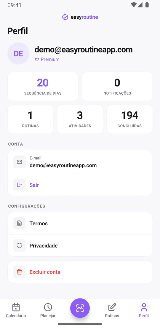 Aba Perfil do EasyRoutine com a sequência de dias, notificações ativas, número de rotinas e atividades e registros concluídos