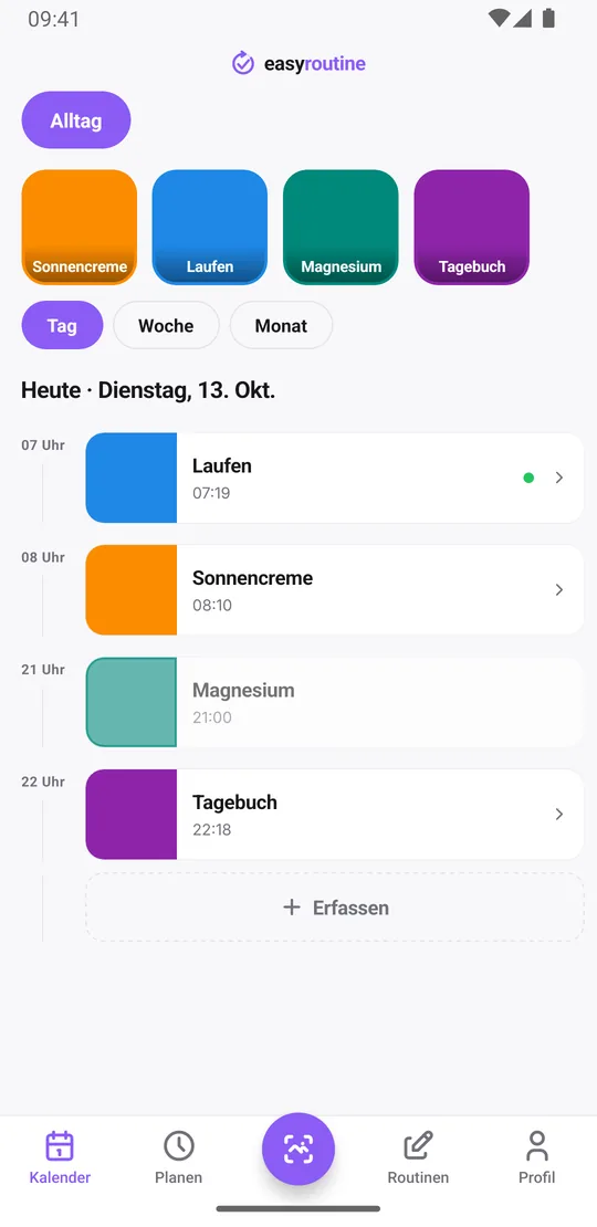 EasyRoutine Tagesansicht mit den erfassten Aktivitäten der Routine Alltag, jede Karte mit Name, Uhrzeit und einem Markierungspunkt