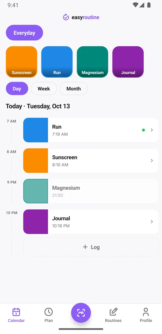 EasyRoutine day view listing the day's logged activities from the Everyday routine, each card with its name, time and a flag dot