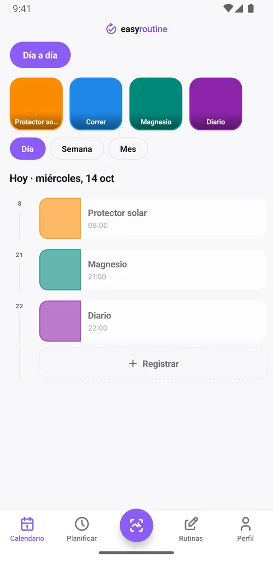 Vista diaria de EasyRoutine con las actividades registradas de la rutina Día a día, cada tarjeta con su nombre, su hora y un punto de marca