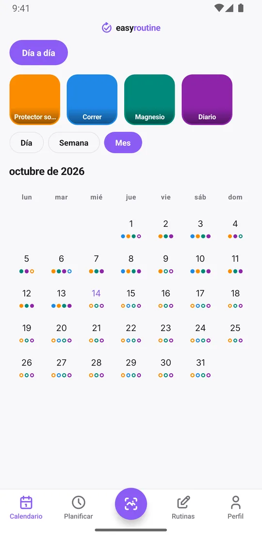 Vista mensual de EasyRoutine con puntos de colores cada día para protector solar, correr, magnesio y diario