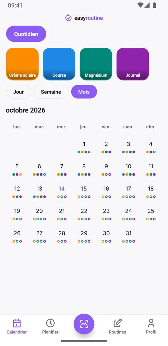 Vue mois d'EasyRoutine avec des points colorés chaque jour pour la crème solaire, la course, le magnésium et le journal