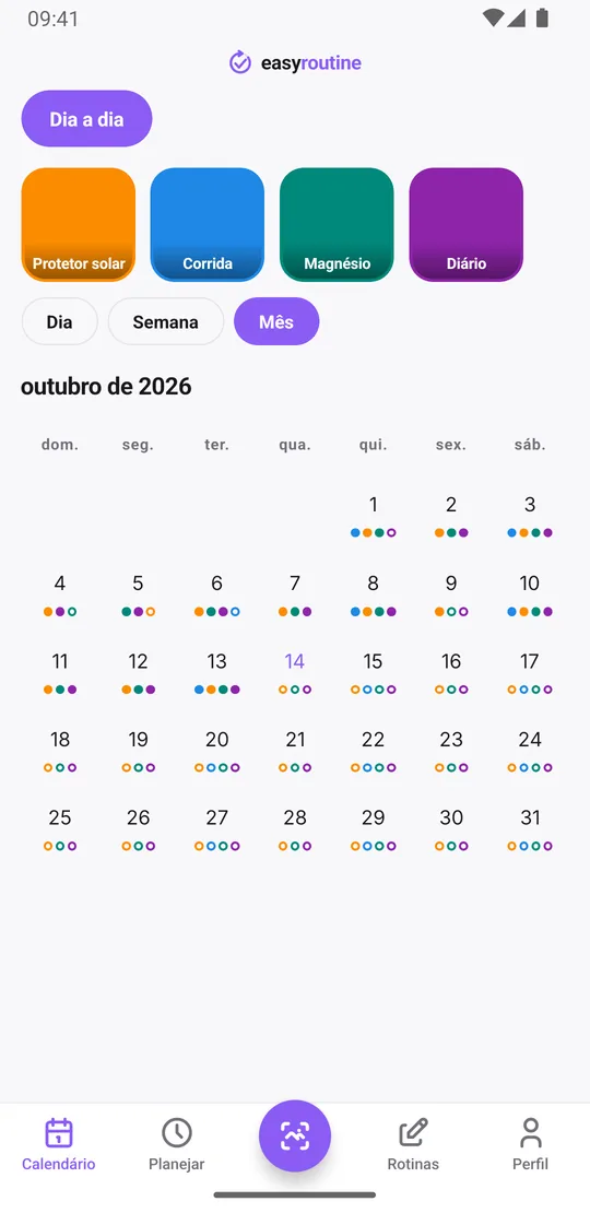 Visão mensal do EasyRoutine com pontos coloridos em cada dia para protetor solar, corrida, magnésio e diário