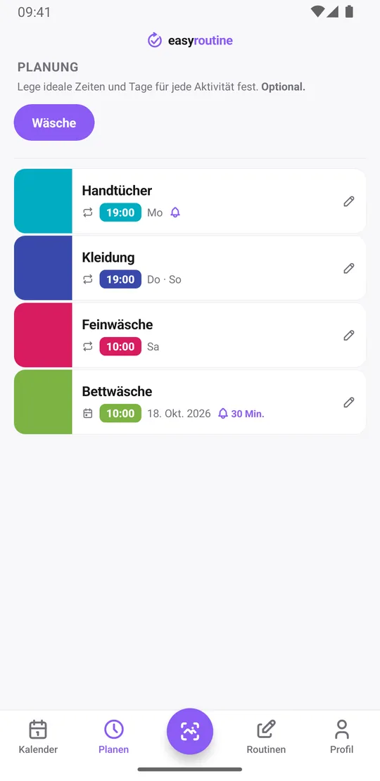 EasyRoutine-Tab Planen für die Routine Wäsche: Handtücher am Montag um 19:00 mit einer Glocke für die Erinnerung, Kleidung am Donnerstag und Sonntag, Feinwäsche am Samstag und Bettwäsche an einem einzelnen Termin mit Erinnerung 30 Minuten vorher