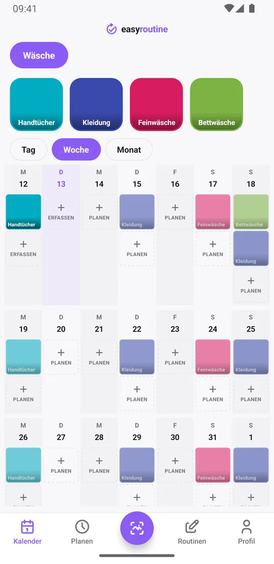 EasyRoutine-Wochenansicht der Routine Wäsche mit kräftig gefärbten Kacheln für bereits gelaufene Ladungen und blassen Einträgen für Ladungen, die diese Woche noch geplant sind