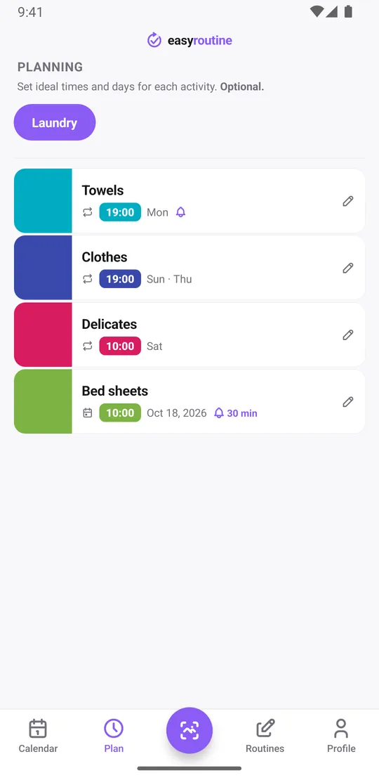 EasyRoutine Plan tab for the Laundry routine: towels on Monday at 19:00 with a reminder bell, clothes on Thursday and Sunday, delicates on Saturday and bed sheets on a single date with a reminder 30 minutes before