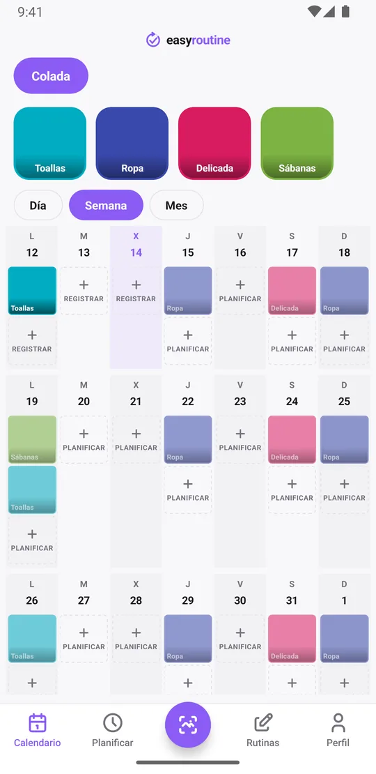 Vista semanal de EasyRoutine de la rutina Colada con tarjetas de color sólido para las lavadoras ya puestas y entradas atenuadas para las que siguen planificadas esta semana