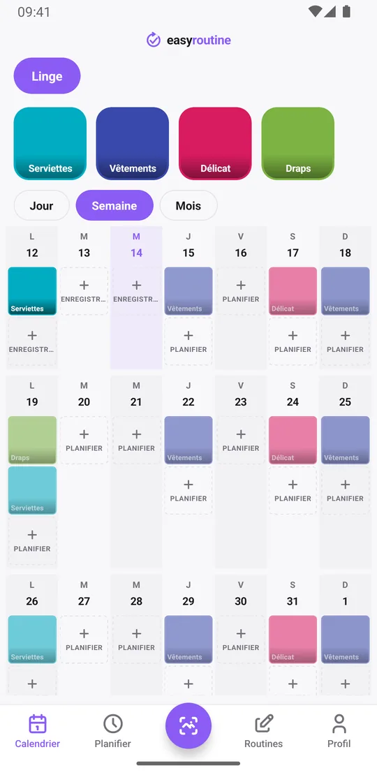 Vue semaine d'EasyRoutine de la routine Linge avec des vignettes en couleur pleine pour les machines déjà lancées et des entrées en transparence pour celles encore prévues cette semaine