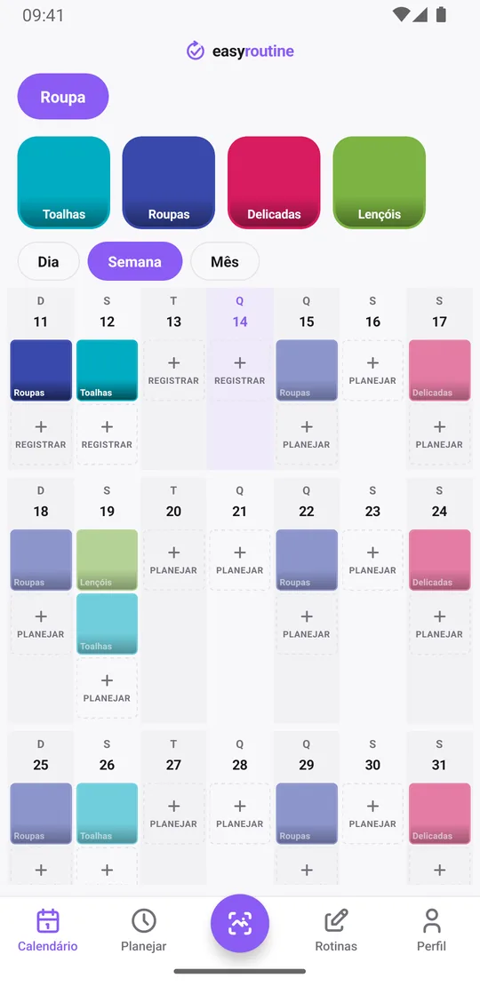 Visão semanal do EasyRoutine da rotina Roupa com cards de cor sólida para as máquinas já lavadas e entradas esmaecidas para as que ainda estão planejadas na semana
