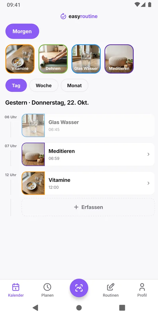 Tagesansicht von gestern in EasyRoutine mit dem neuen Eintrag um 12:00