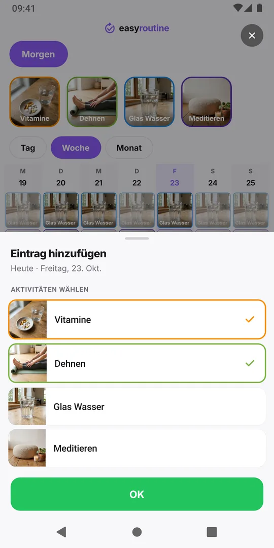 Das Fenster Eintrag hinzufügen in EasyRoutine mit zwei abgehakten Aktivitäten und dem Button OK