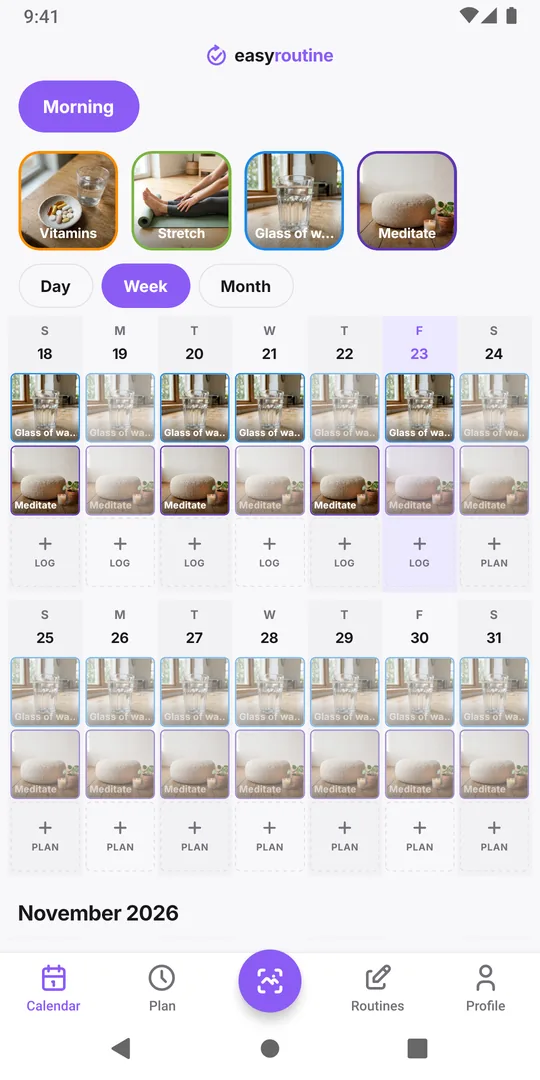 The EasyRoutine Calendar tab in Week view for a Morning routine, with the Log button under today