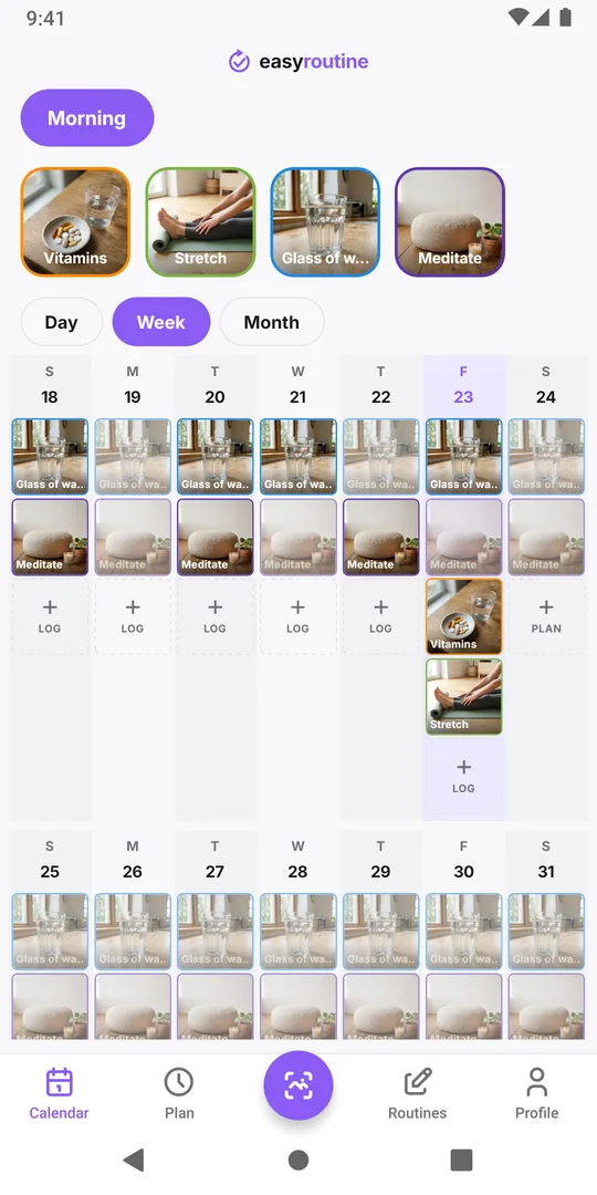 EasyRoutine Week view with the two new logs shown as photo tiles in today's column