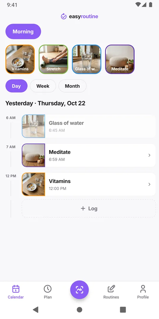 EasyRoutine Day view of yesterday with the new log at 12:00