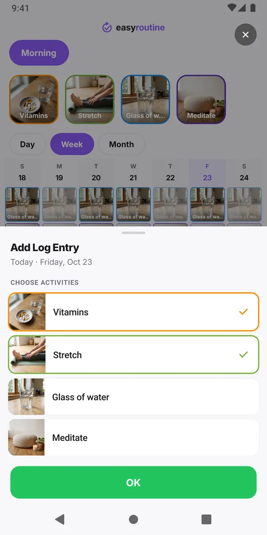 The Add Log Entry sheet in EasyRoutine with two activities ticked and the OK button