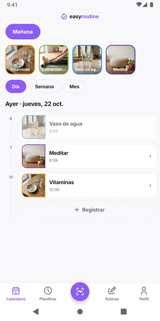 La vista Día de ayer en EasyRoutine con el nuevo registro a las 12:00