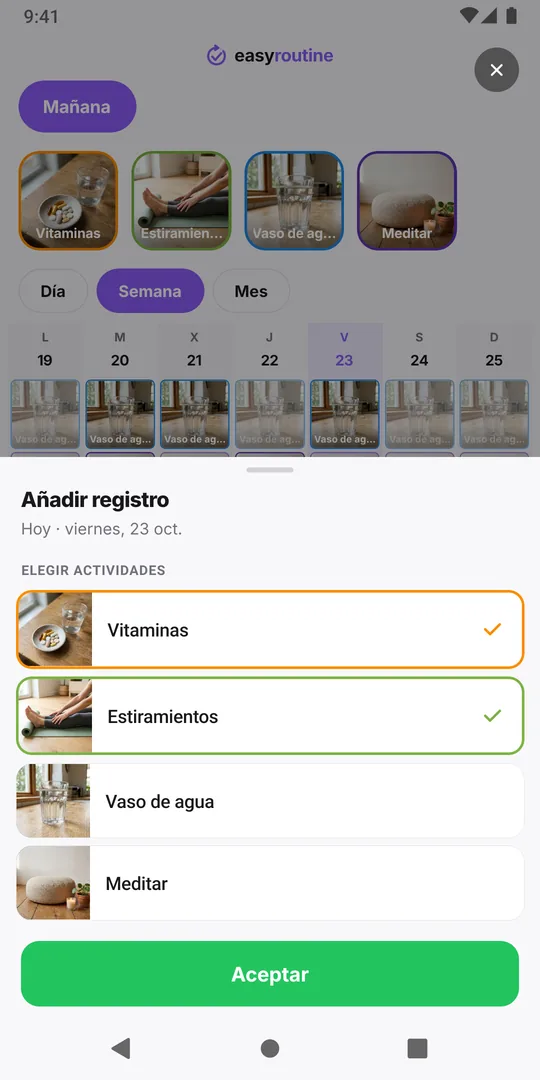 La ventana Añadir registro de EasyRoutine con dos actividades marcadas y el botón Aceptar