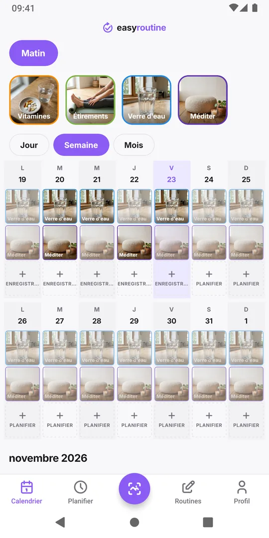 L'onglet Calendrier d'EasyRoutine en vue Semaine pour une routine Matin, avec le bouton Enregistrer sous aujourd'hui