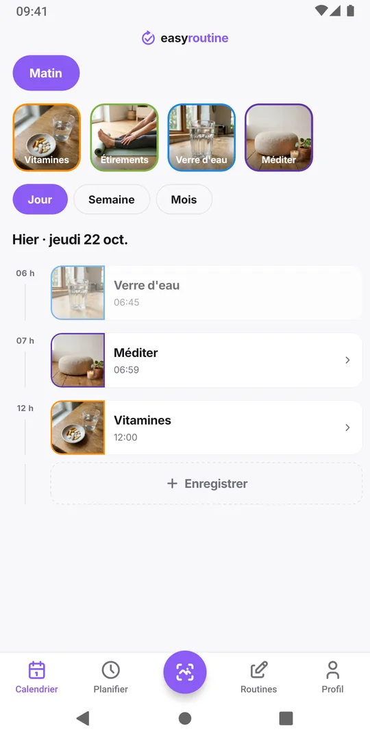 La vue Jour d'hier dans EasyRoutine avec le nouvel enregistrement à 12:00