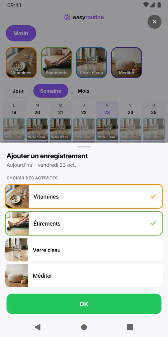 La fenêtre Ajouter un enregistrement d'EasyRoutine avec deux activités cochées et le bouton OK