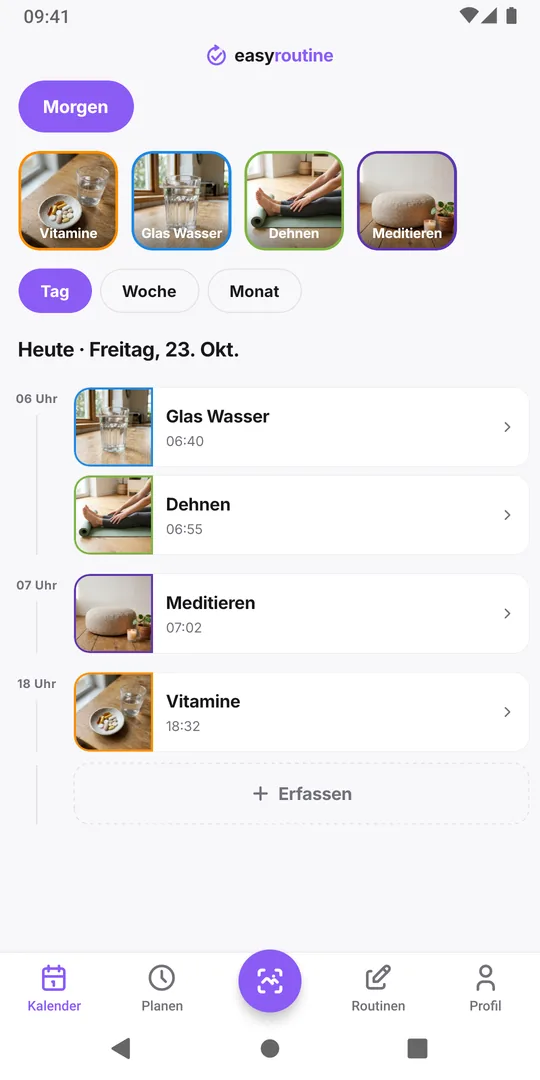 Tagesansicht in EasyRoutine mit der Aktivität Vitamine, erfasst zur aktuellen Uhrzeit