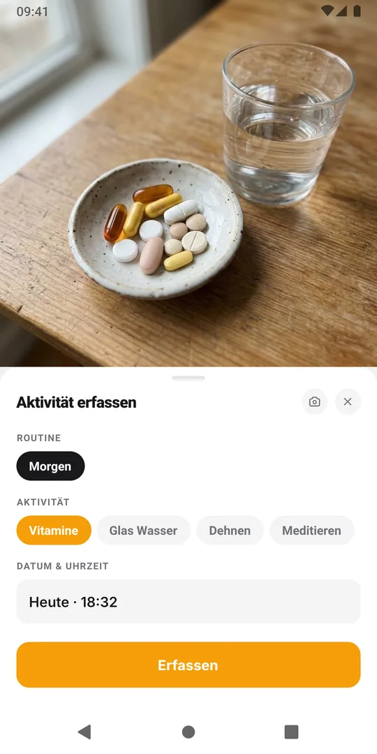 Das Formular Aktivität erfassen in EasyRoutine mit gewählter Routine und Aktivität und dem Button Erfassen