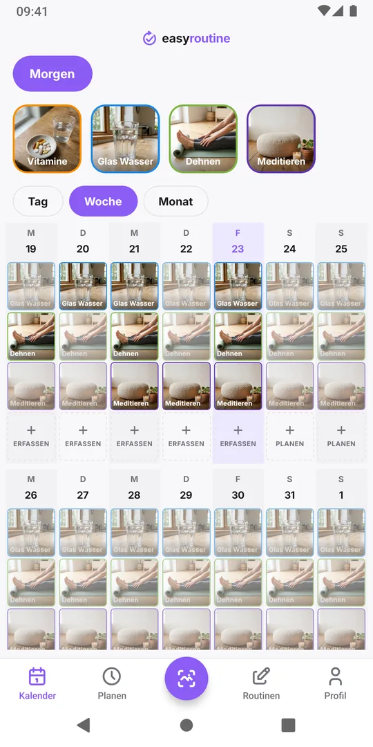 Der Tab Kalender in EasyRoutine mit dem runden Button KI-Foto zum Erfassen in der Mitte der unteren Leiste