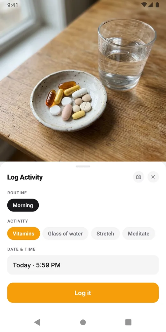 The EasyRoutine Log Activity form with the routine and activity picked and the Log it button