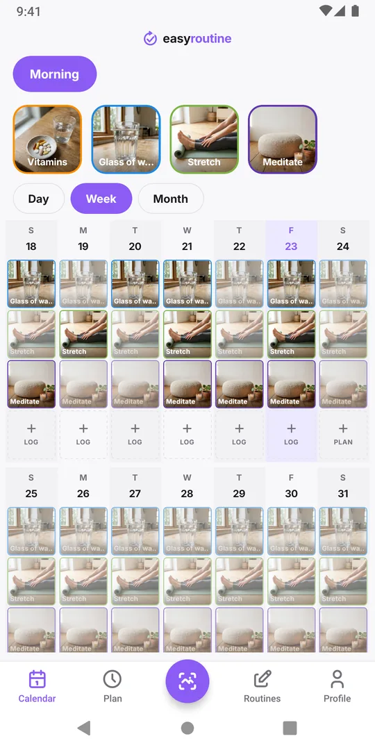 The EasyRoutine Calendar tab with the round AI snap to log button in the middle of the bottom bar