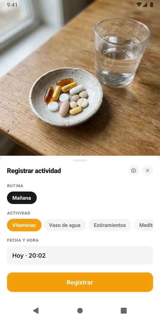 El formulario Registrar actividad de EasyRoutine con la rutina y la actividad elegidas y el botón Registrar