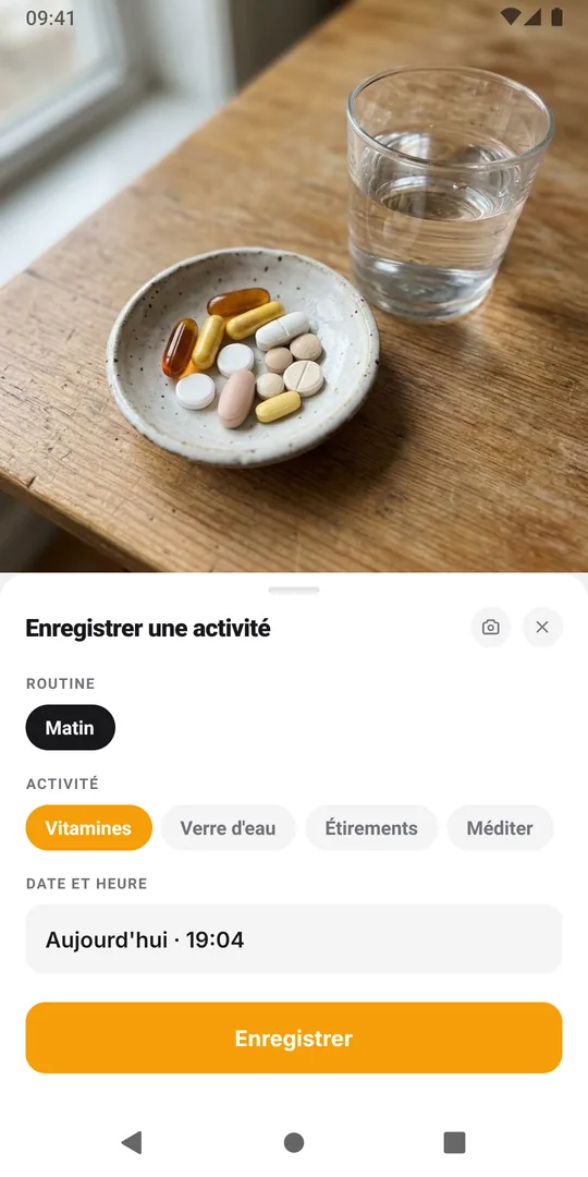Le formulaire Enregistrer une activité d'EasyRoutine avec la routine et l'activité choisies et le bouton Enregistrer