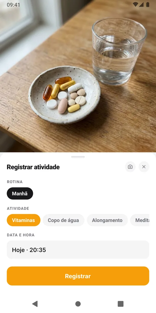 O formulário Registrar atividade do EasyRoutine com a rotina e a atividade escolhidas e o botão Registrar
