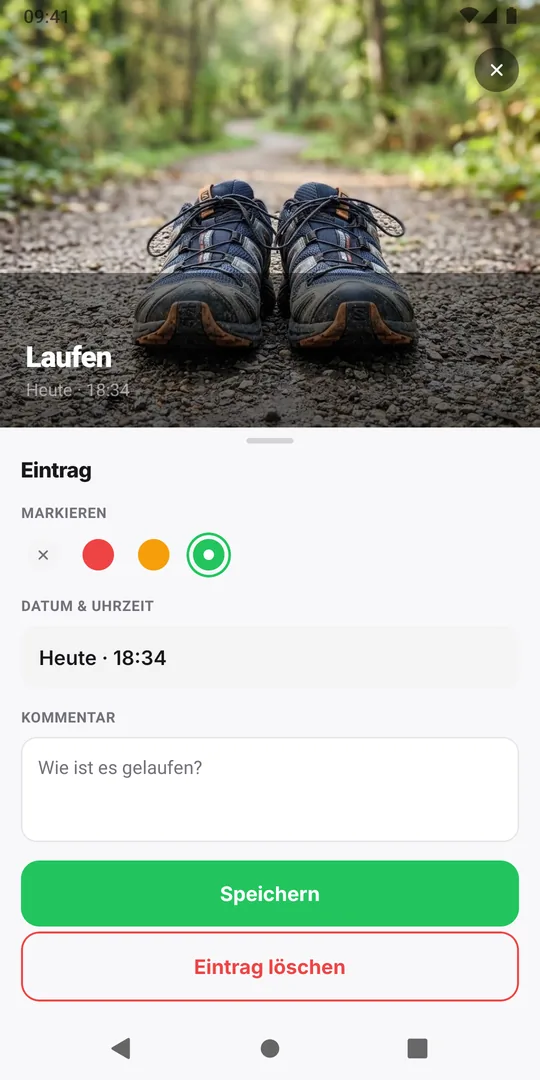 Das Fenster Eintrag in EasyRoutine mit ausgewählter grüner Markierung