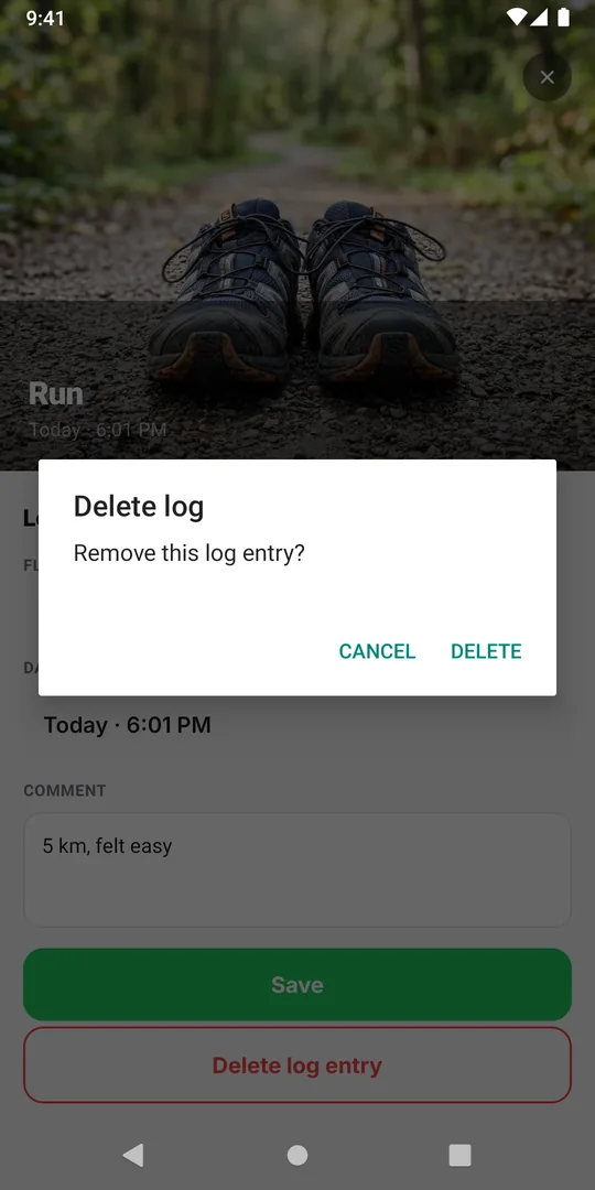 The EasyRoutine Delete log confirmation asking Remove this log entry