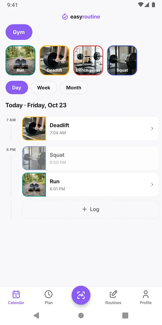 EasyRoutine Day view with today's Run log to tap