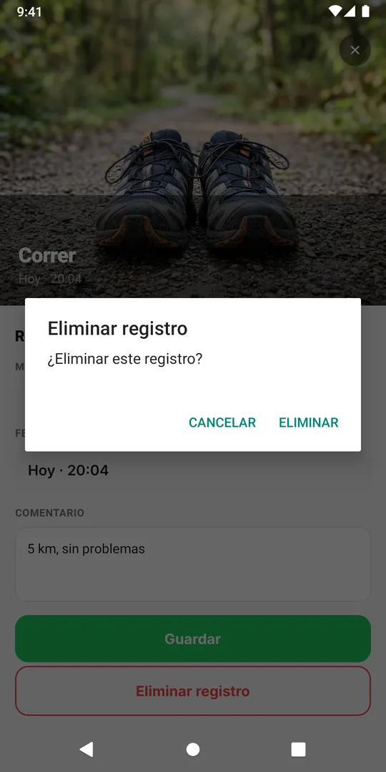 La confirmación Eliminar registro de EasyRoutine con la pregunta ¿Eliminar este registro?