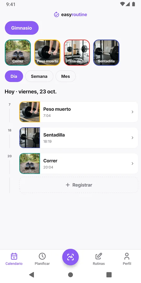 Vista Día de EasyRoutine con el registro de Correr de hoy, listo para tocar