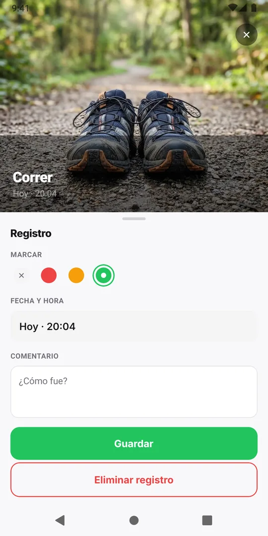 La ventana Registro de EasyRoutine con la marca verde seleccionada