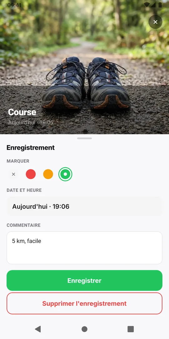 La fenêtre Enregistrement d'EasyRoutine avec un marqueur vert et une note saisie dans le champ Commentaire
