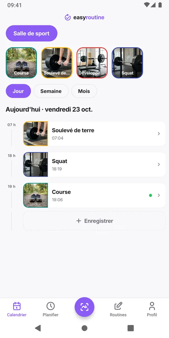 La vue Jour d'EasyRoutine avec l'enregistrement Course qui porte un point vert