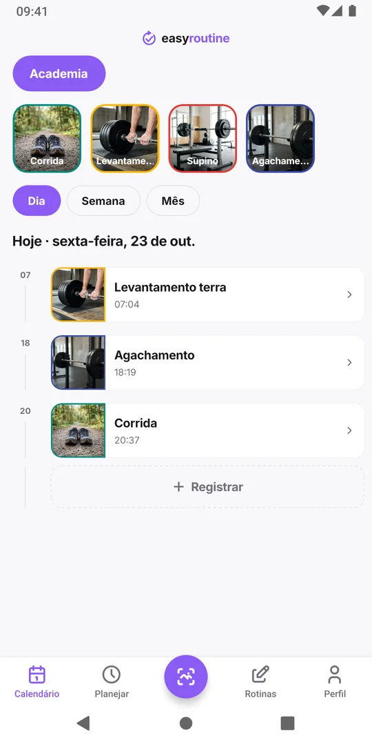 Visualização Dia do EasyRoutine com o registro de Corrida de hoje para tocar