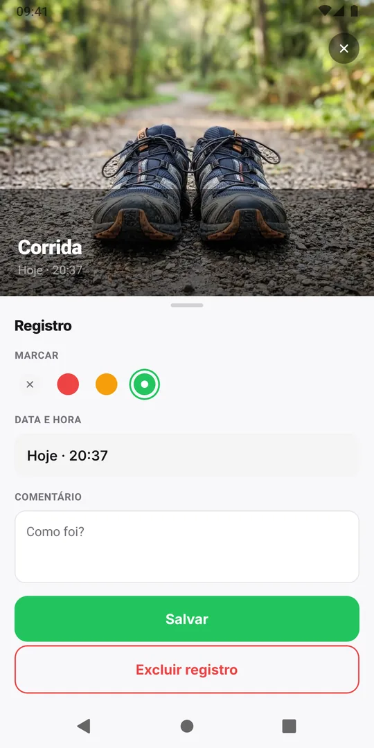 A janela Registro do EasyRoutine com a marcação verde selecionada