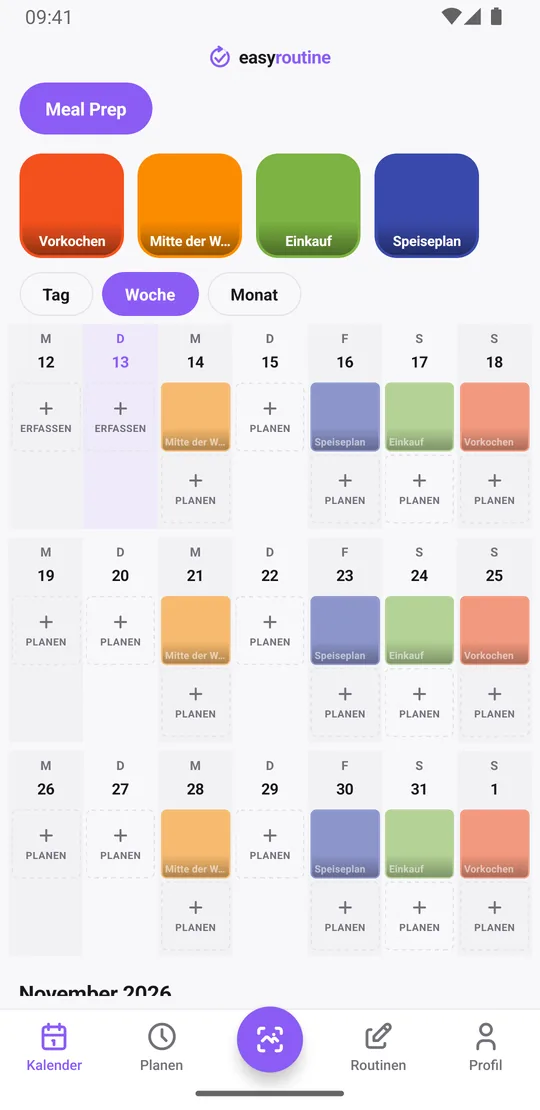EasyRoutine-Wochenansicht der Routine Meal Prep: Speiseplan am Freitag, Einkauf am Samstag, Vorkochen am Sonntag und Nachschub am Mittwoch, mit blassen Einträgen für noch geplante Sessions